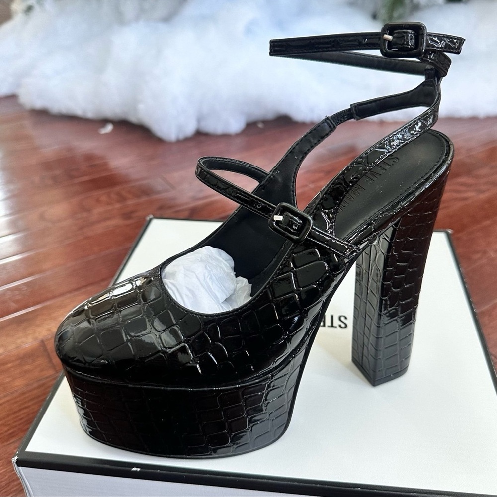 NEW Steve Madden Scotlyn Black Croc Heeled Strappy Pump Block Heels - Picture 8 of 11